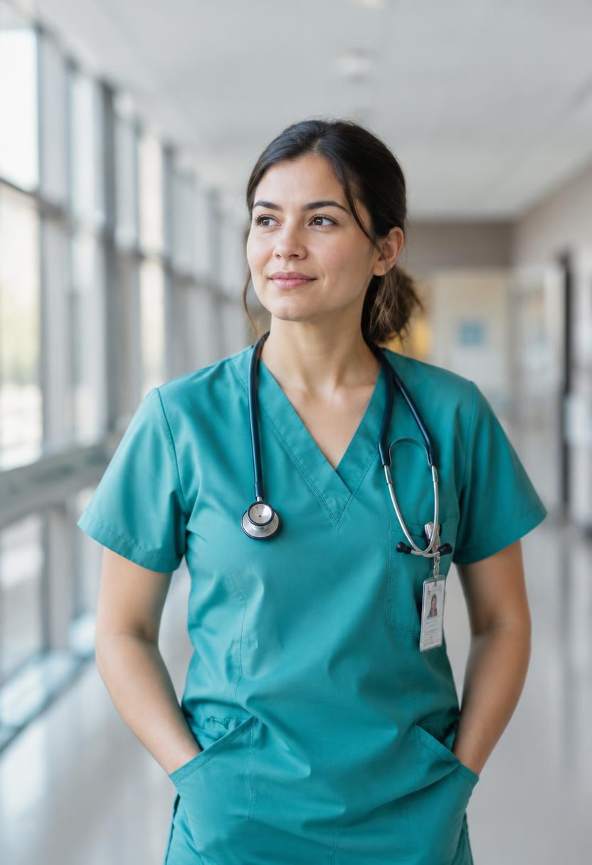 Nursing professional in a hospital corridor